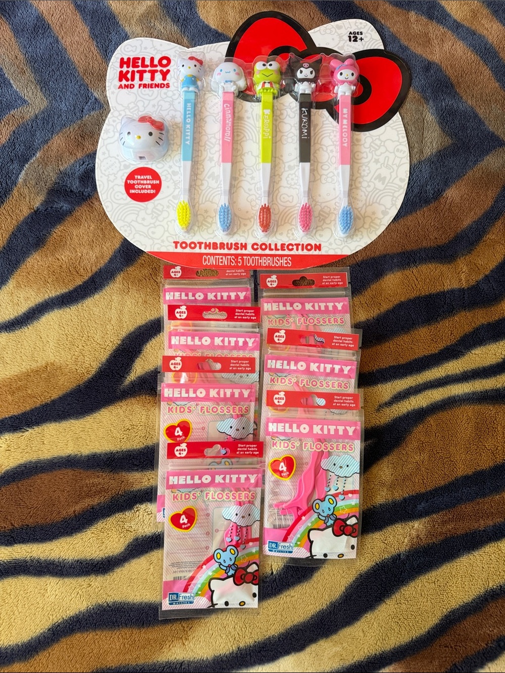 Hello Kitty Kids Toothbrush & Flossers Set - Pink, Blue, Green, Yellow, Red